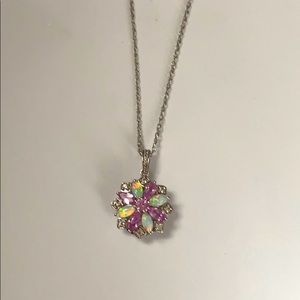 Opal and pink sapphire flower pendant necklace